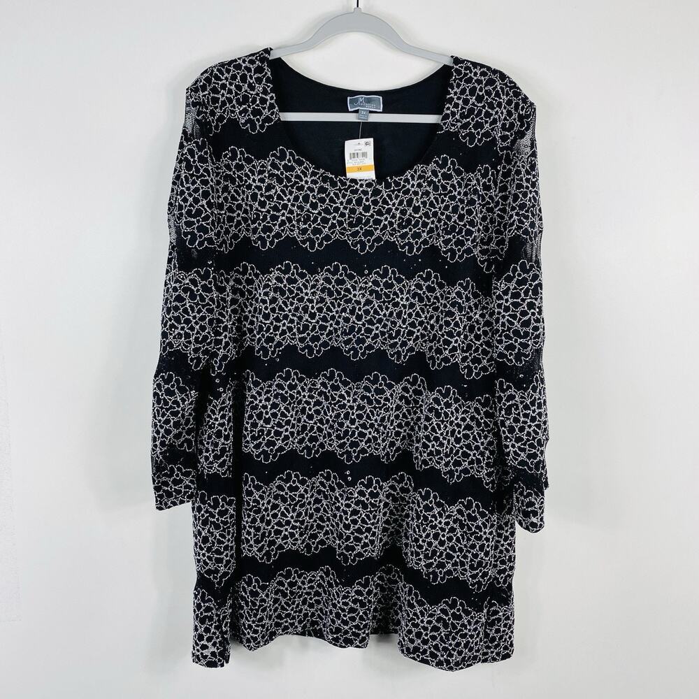 JM Collection Top 3X Lace Sequin Embellished Long Sleeve Black White Party Event